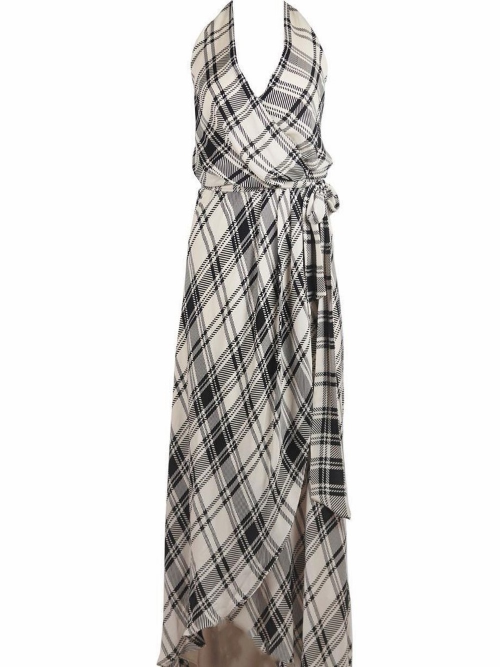 Haute Hippie One-Shoulder Plaid Wrap Maxi Dress - Black & Cream